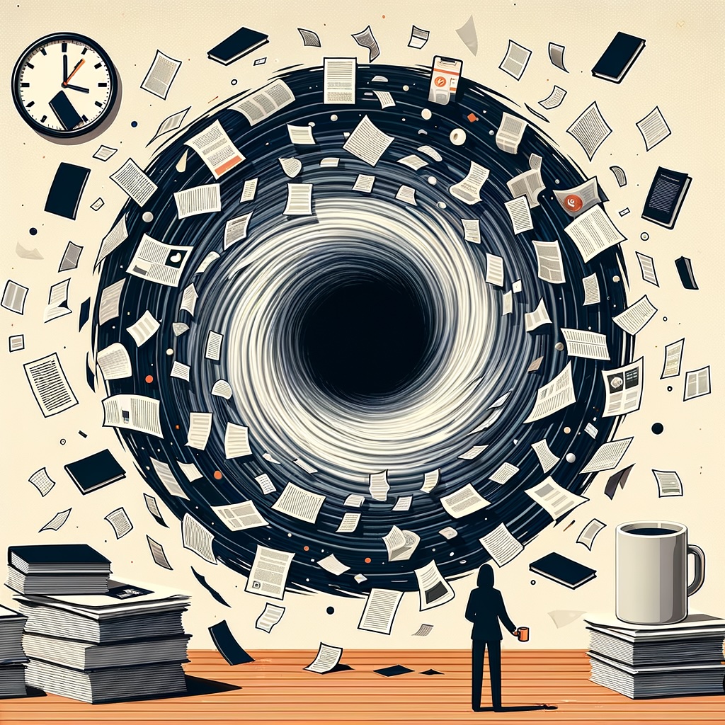 A massive black hole made of paper and digital documents, surrounded by swirling books, articles, and documents. A figure standing next to it, holding a coffee cup. A large clock in the background.