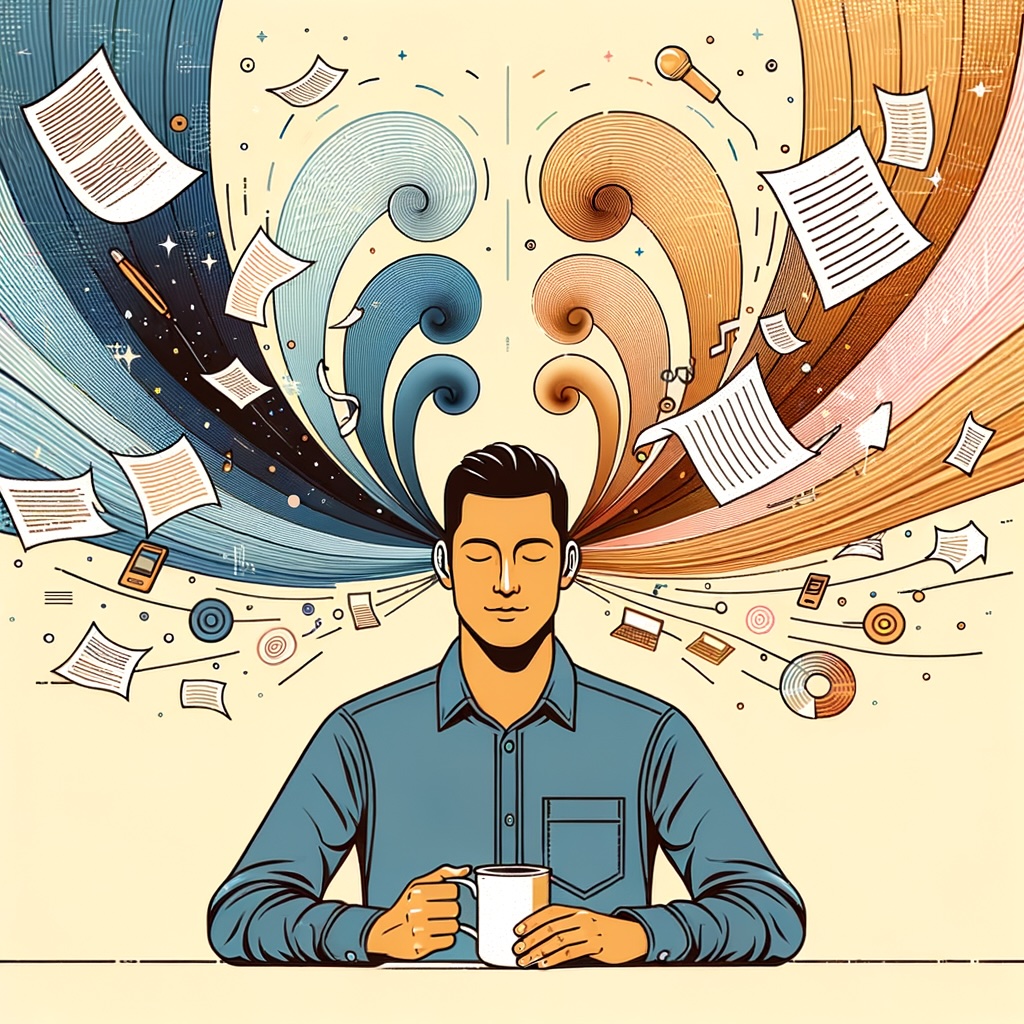 An individual standing calmly with a coffee cup in hand. Around his head, depict a halo of digital words, text and documents spiraling into their ears, transforming into colorful, flowing waves.